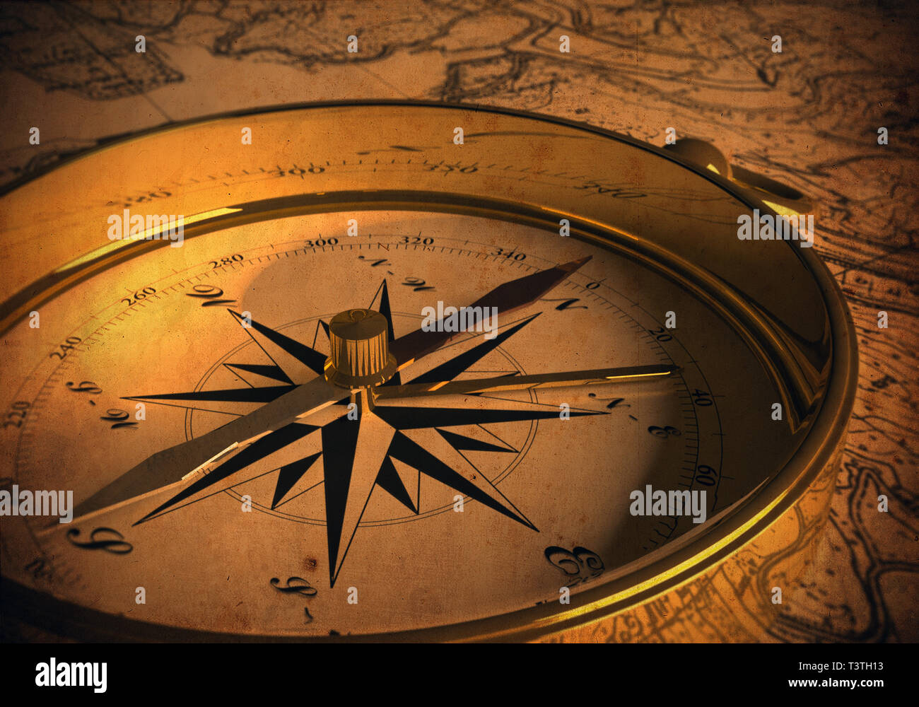 Bussola sulla mappa (3D rendering) Foto Stock