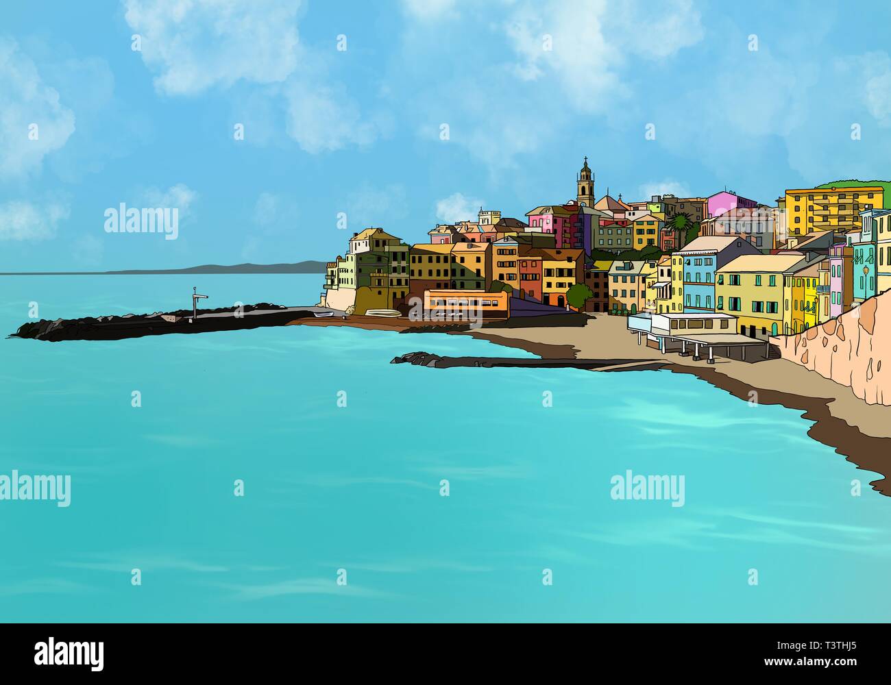 Disegno a mano colorito e luminoso quadro di Bogliasco italia famoso pittoresco villaggio di pescatori in Italia, regione Liguria Turchese Mar Mediterraneo Foto Stock