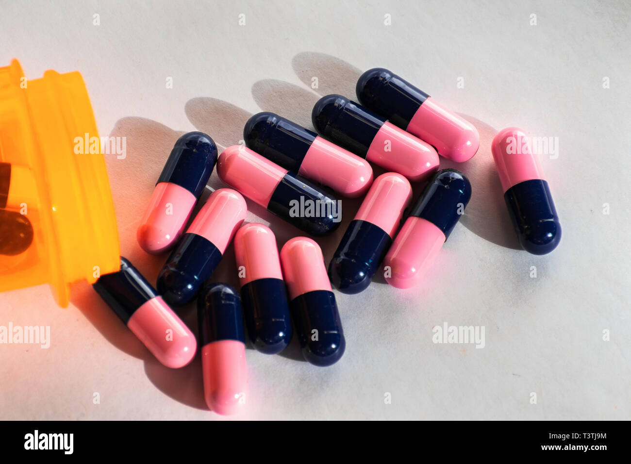 Close up di rosa e blu antibiotici amoxicillina capsula pillole. Concetto di farmaco antimicrobico resistenza; industria farmaceutica; Global Healthcare Foto Stock
