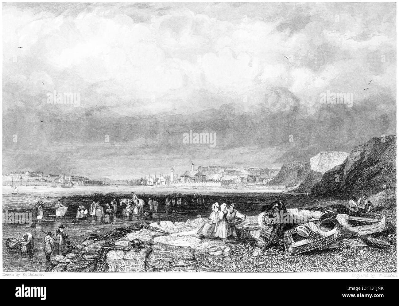 Una incisione di entrata al porto di scudi (North Shields) scansionati ad alta risoluzione da un libro pubblicato nel 1842. Ritiene copyright free. Foto Stock