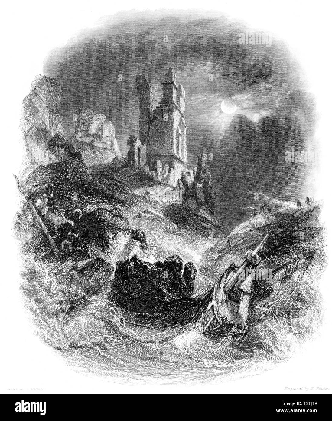 Una incisione di Dunstanborough Castello (Dunstanburgh) al chiaro di luna scansionati ad alta risoluzione da un libro pubblicato nel 1842. Ritiene copyright free. Foto Stock