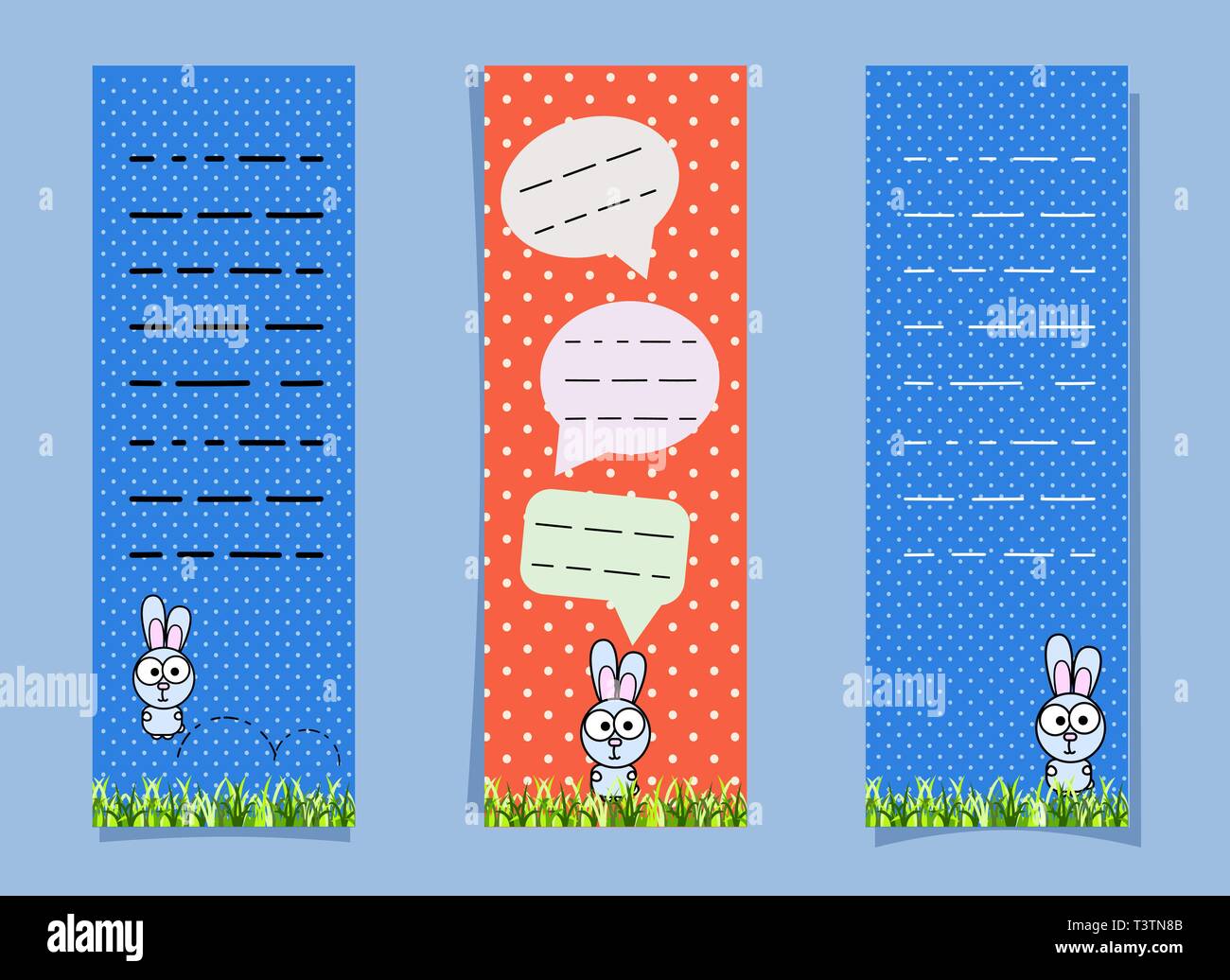 Carino segnalibri con bunny e colloquiale bolle. Banner verticale. Arancione, blu al punto di bianco e il luogo per la nota. Il salto di coniglio sull'erba Illustrazione Vettoriale