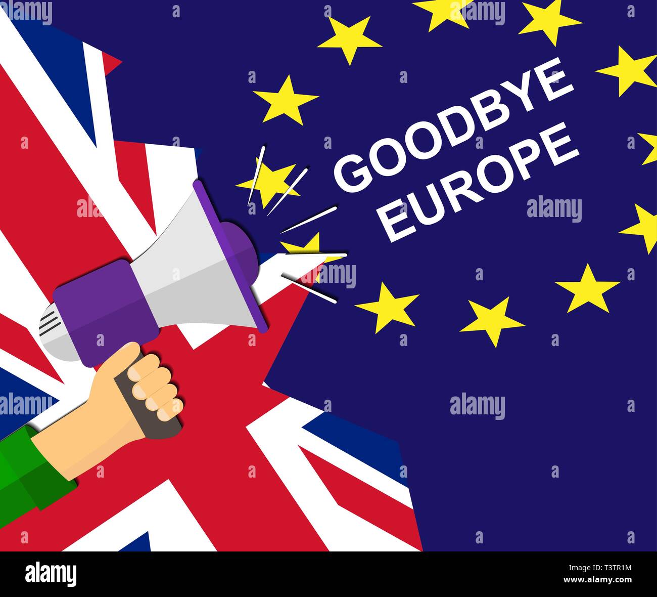Mano con megafono sullo sfondo delle bandiere della Unione europea e Regno Unito che dice addio Europa Illustrazione Vettoriale