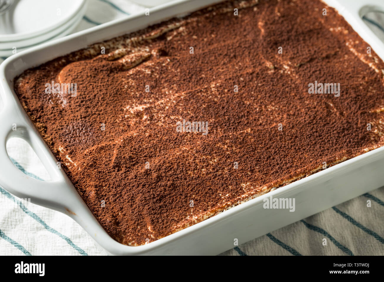 Dolce casalingo italiano dessert Tiramisu con polvere di cacao Foto Stock