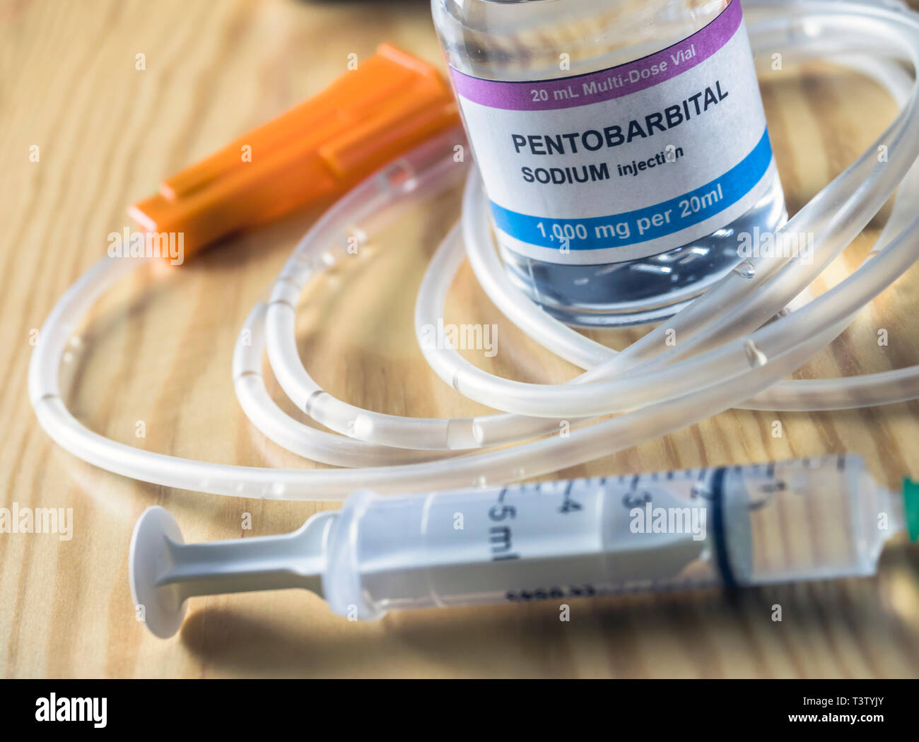 Flaconcino con pentobarbital sodio iniezione usata per eutanasia e inyecion letali in un ospedale, immagine concettuale Foto Stock