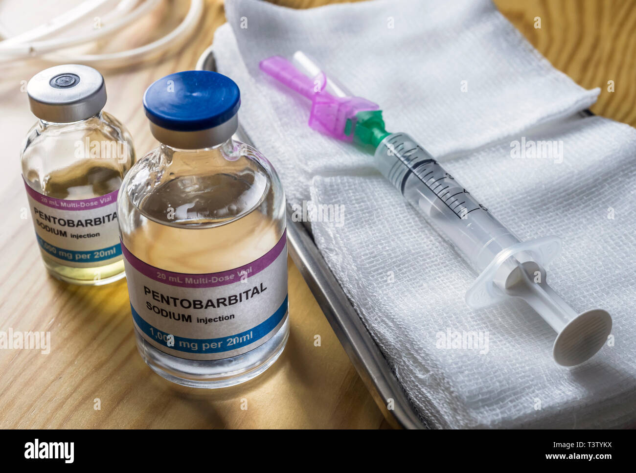 Flaconcino con pentobarbital sodio iniezione usata per eutanasia e inyecion letali in un ospedale, immagine concettuale Foto Stock