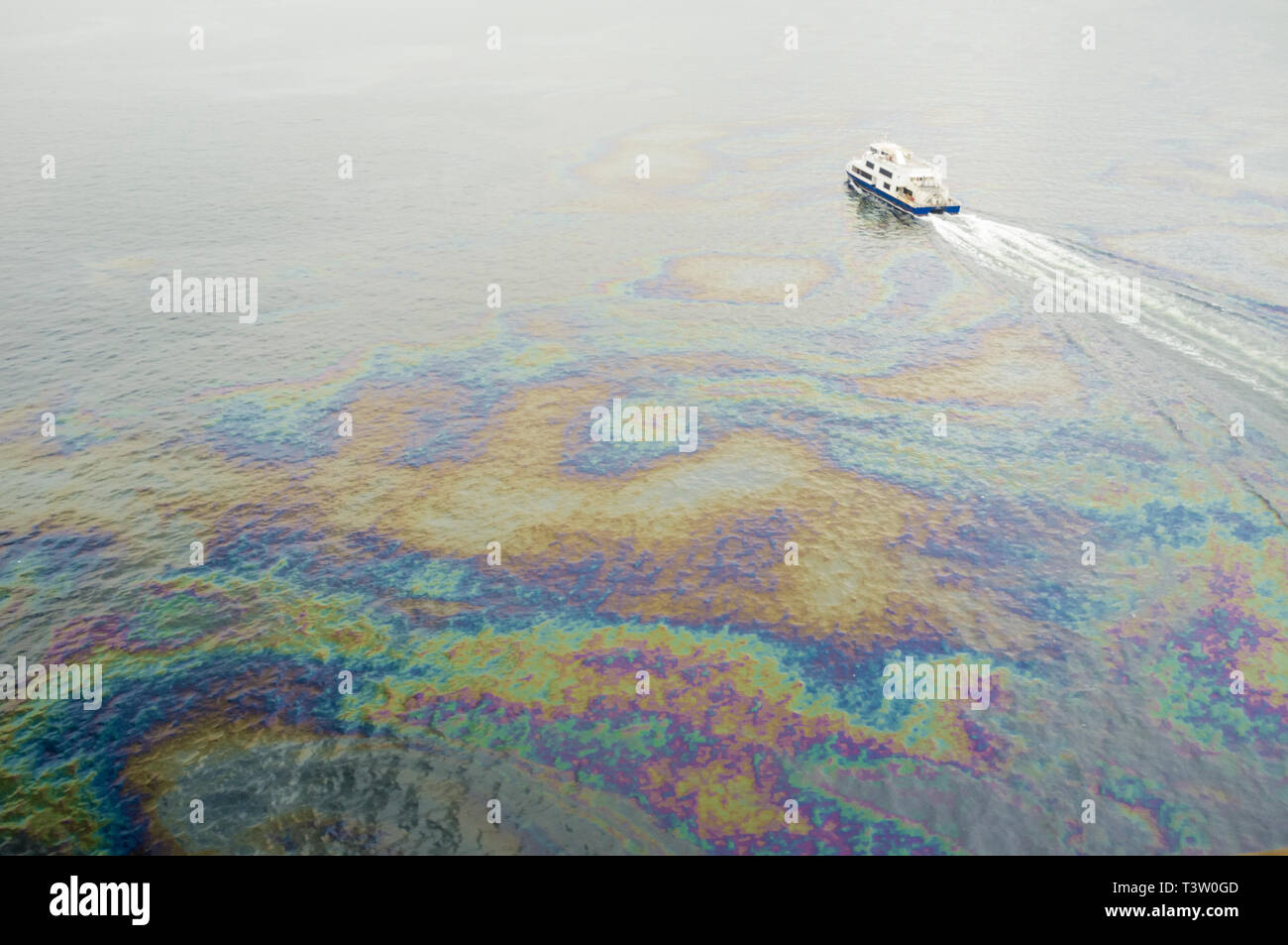 Le fuoriuscite di petrolio sotto il ponte Rio–Niterói nella baia di Guanabara, Rio de Janeiro, Brasile, creano delle chiazze iridescenti sull'acqua, sottolineando la continua lotta della baia contro l'urbanizzazione, il deforestazione, i rifiuti di deforestazione e l'inquinamento industriale. Un tempo un vivace centro marino, la baia si trova ora di fronte a un degrado ecologico che minaccia la pesca, il turismo e le comunità costiere, spingendo a chiedere un'applicazione più rigorosa dell'ambiente e a sforzi di pulizia completi. Foto Stock