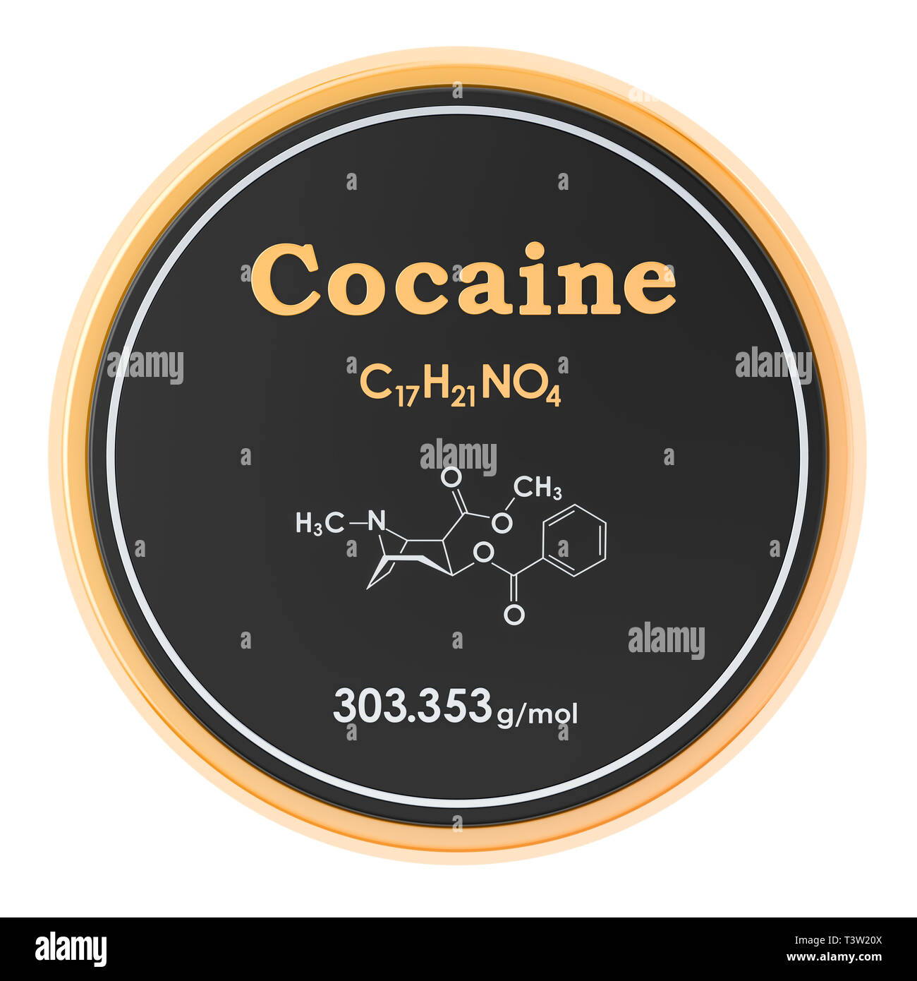 La cocaina. Formula chimica, la struttura molecolare. 3D rendering isolati su sfondo bianco Foto Stock
