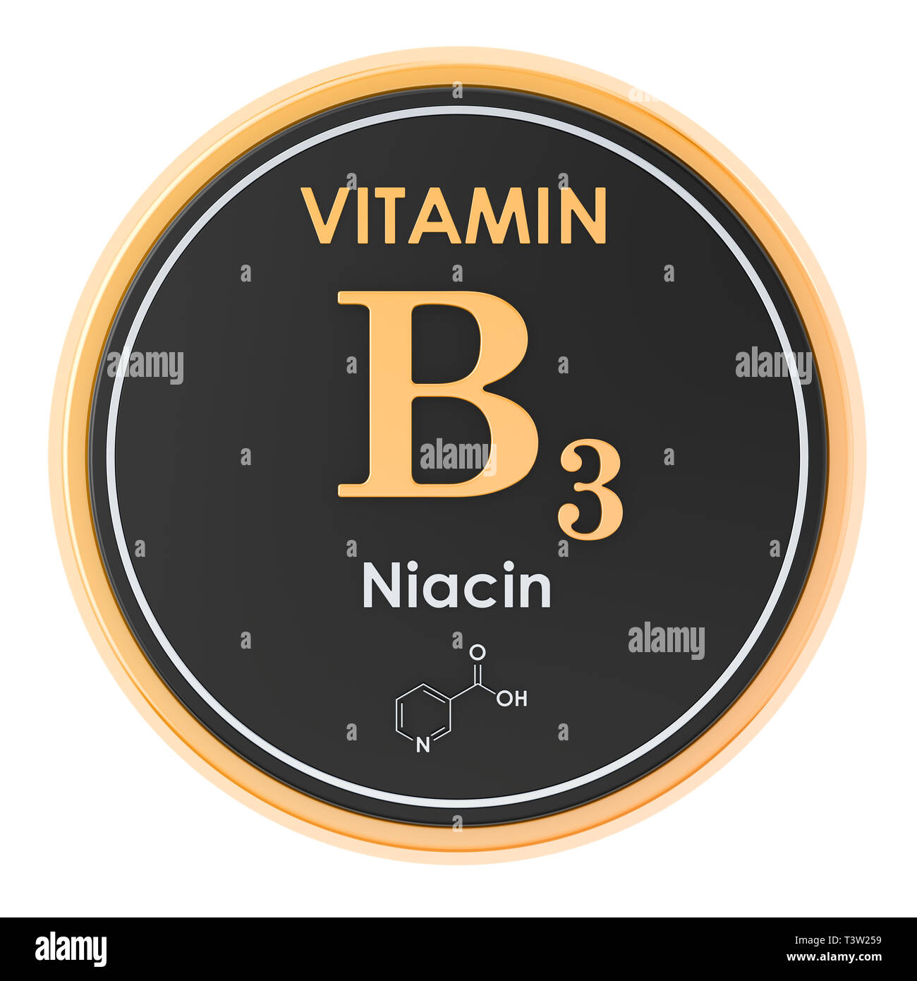 La vitamina B3, niacina. Icona del cerchio, la formula chimica di struttura molecolare. Il rendering 3D Foto Stock