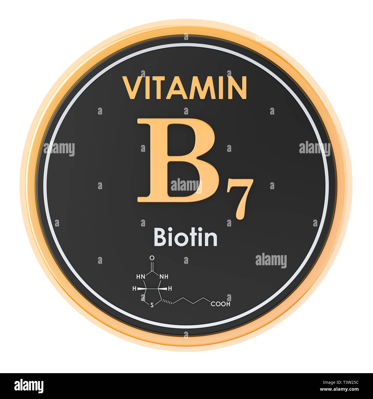 La vitamina B7, la biotina. Icona del cerchio, la formula chimica di struttura molecolare. Il rendering 3D Foto Stock