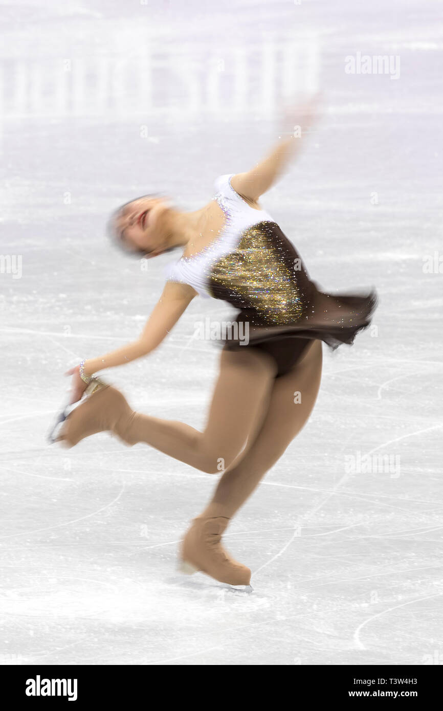 Motion Blur azione di Kim Hanul (KOR) competere nel pattinaggio di figura - Ladies' breve presso i Giochi Olimpici Invernali PyeongChang 2018 Foto Stock