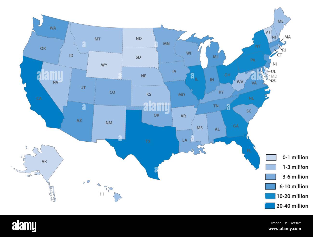 Mappa degli Stati Uniti per popolazione Immagine e Vettoriale - Alamy