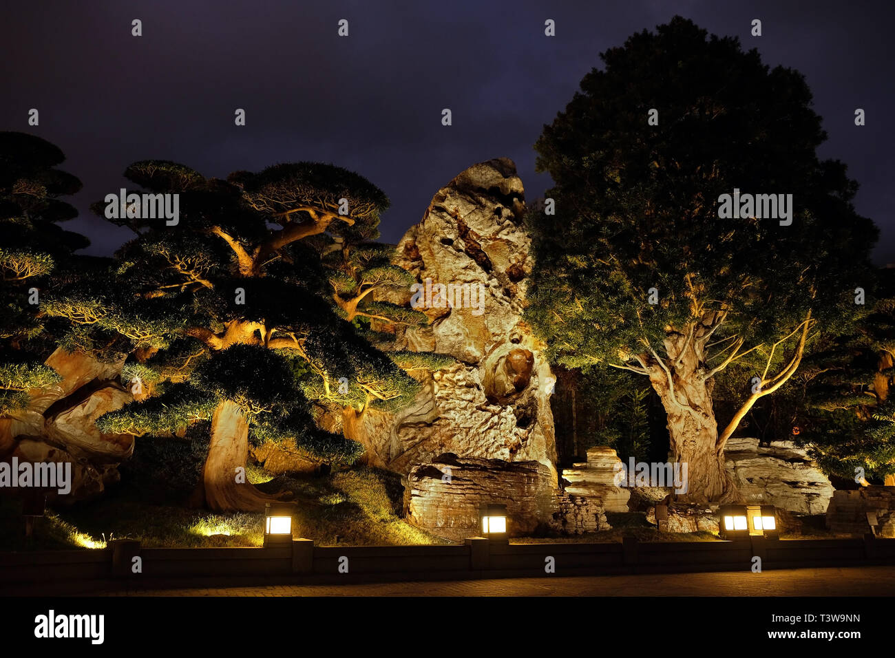 Bellissimi alberi e rocce a Nam Lian giardino in Hong Kong Foto Stock