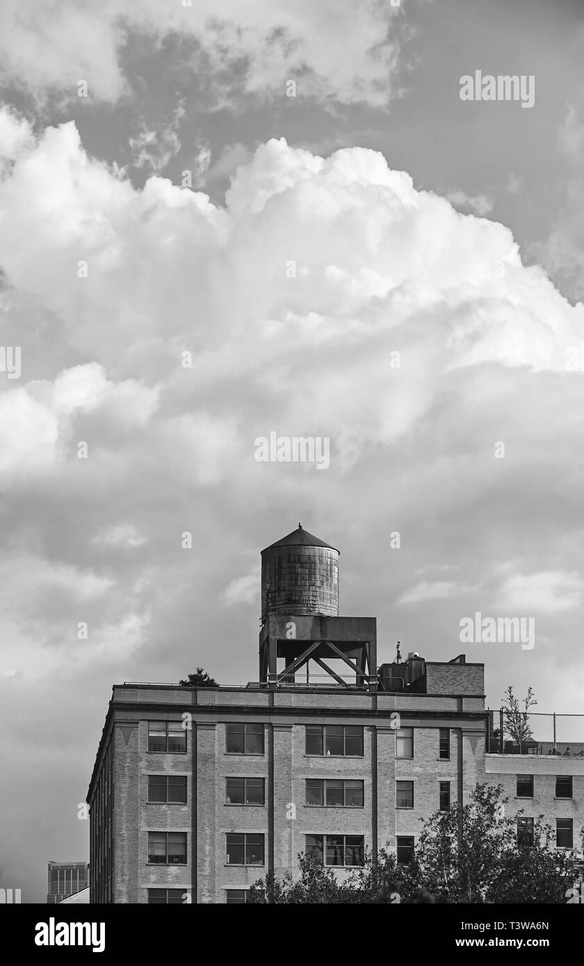 Immagine in bianco e nero di una torre di acqua su un edificio sul tetto e la città di New York, Stati Uniti d'America. Foto Stock