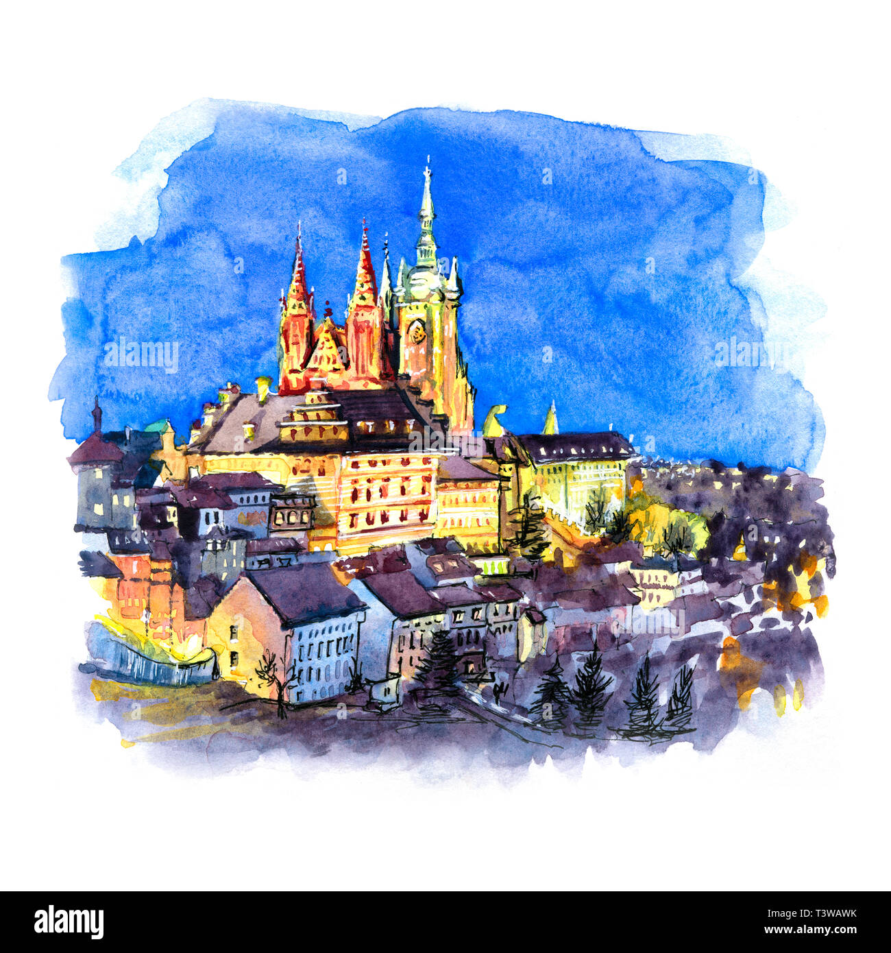 Acquerello schizzo del Castello di Praga, Hradcany e piccolo quartiere nella città vecchia di notte di Praga, Repubblica Ceca Foto Stock