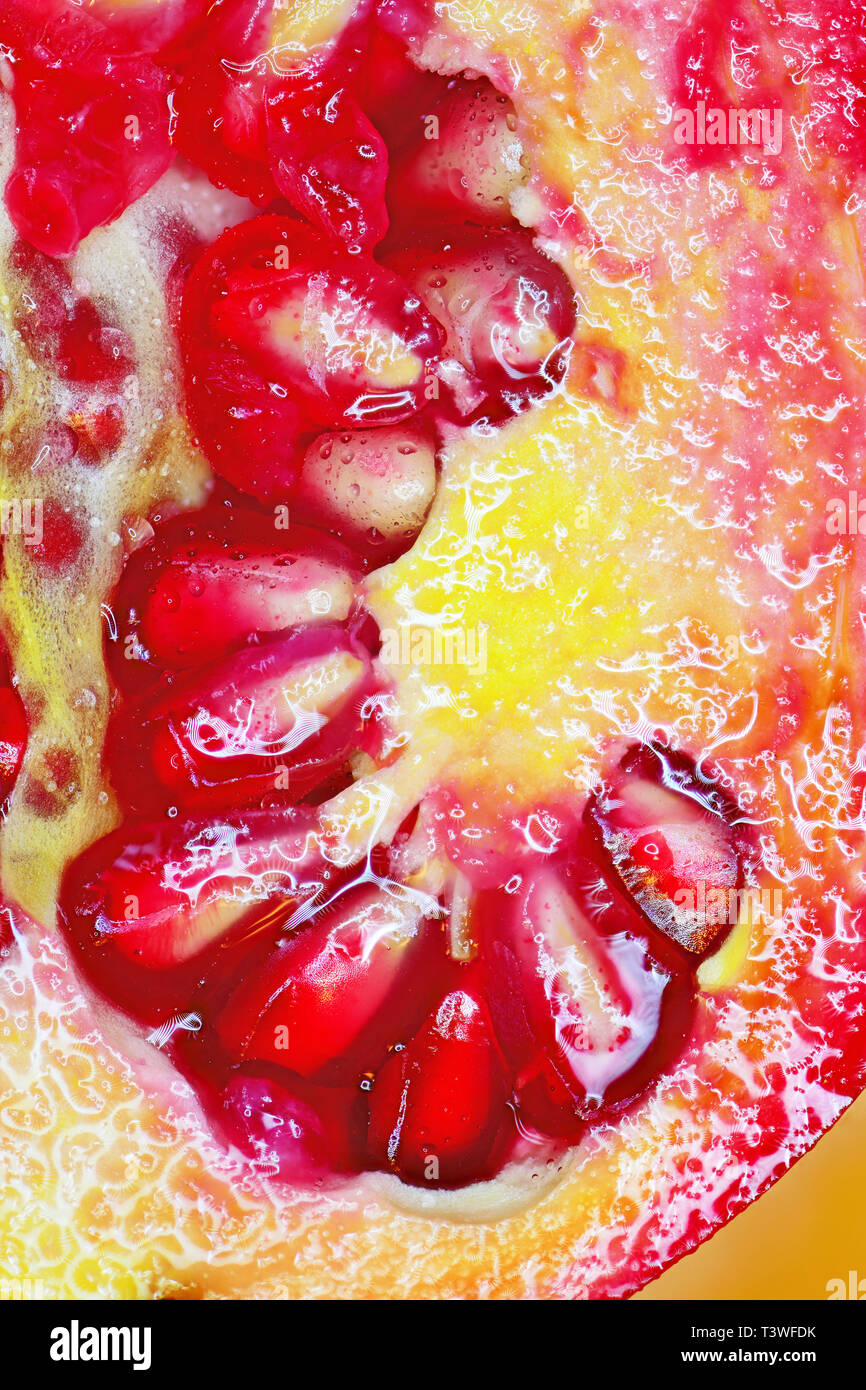 Un voluttuoso affettato e melograno rosso frutto di sementi Foto Stock