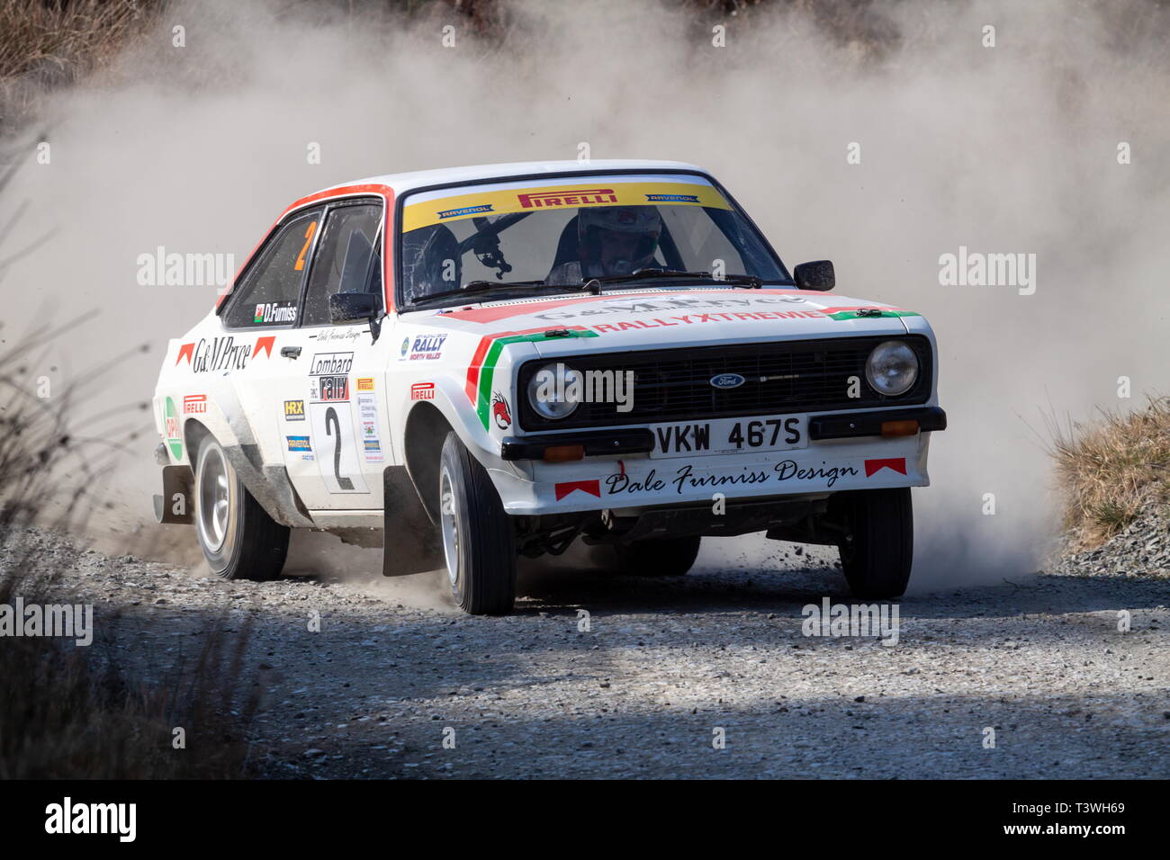 Un Mkii Ford Escort rally car sottolinei alcune come la polvere che esce da un angolo del Rally del Galles del Nord, Foresta Gartheiniog Foto Stock