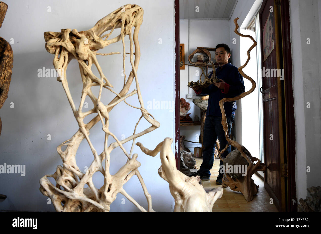 (190412) -- JINGXIAN, 12 aprile 2019 (Xinhua) -- 45 enne Ding Yonggang, un ereditiere di intaglio del legno, lavora su un pezzo di legno nella contea di Jingxian, est cinese della provincia di Anhui, 12 aprile 2019. Influenzato dagli anziani che sono impegnati nella lavorazione del legno, Ding ha sviluppato un forte interesse per le tradizionali tecniche di scultura sin dalla sua infanzia. Dopo anni di apprendimento e di pratica, Ding Yonggang è andata maturando nella sua abilità di sculture in legno e ha creato un gran numero di sculture in legno di opere d'arte. Sotto Ding il coltello, materie prime come alcuni umili rami e radici sono dotati con artistiche Foto Stock