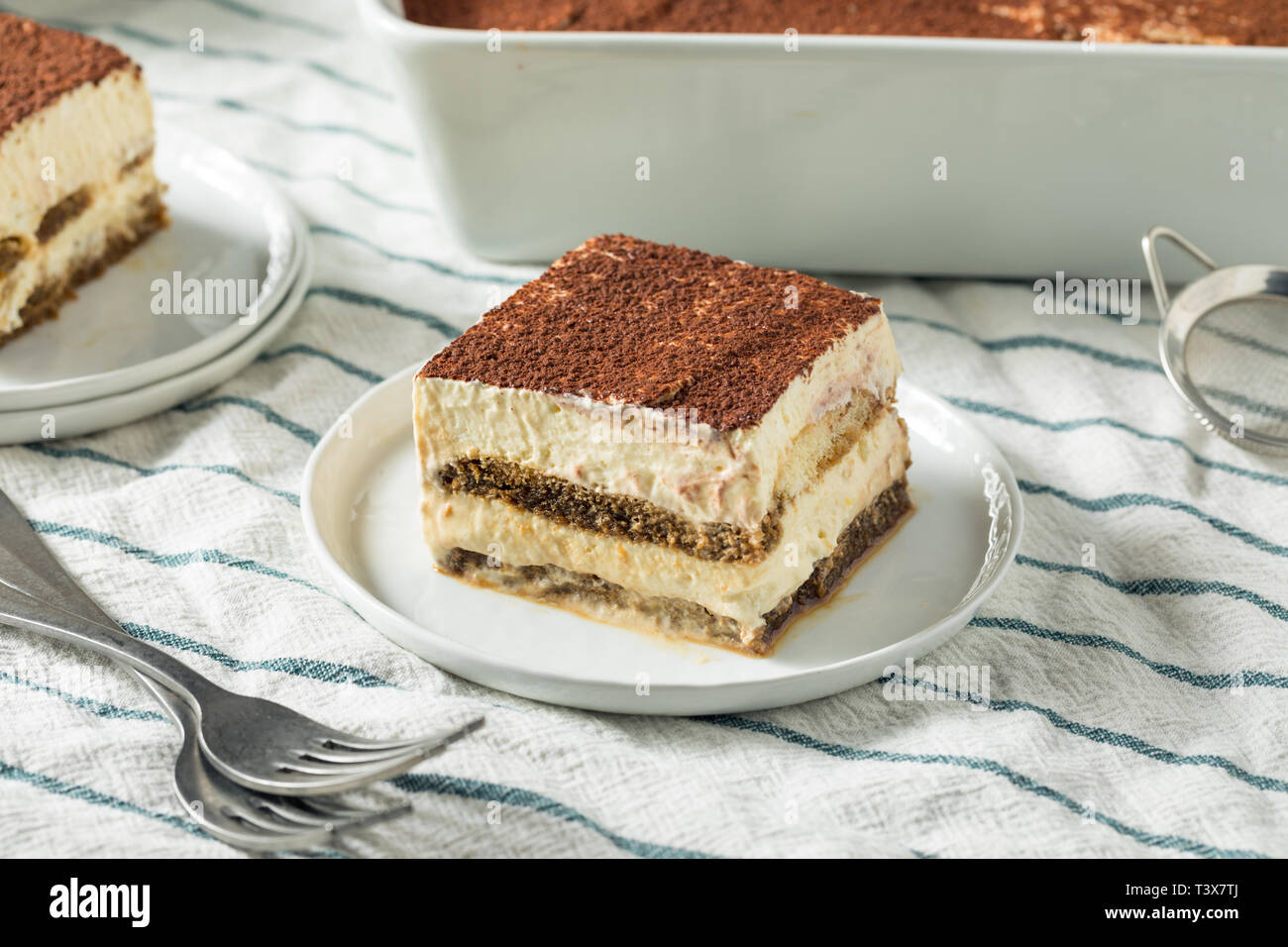 Dolce casalingo italiano dessert Tiramisu con polvere di cacao Foto Stock