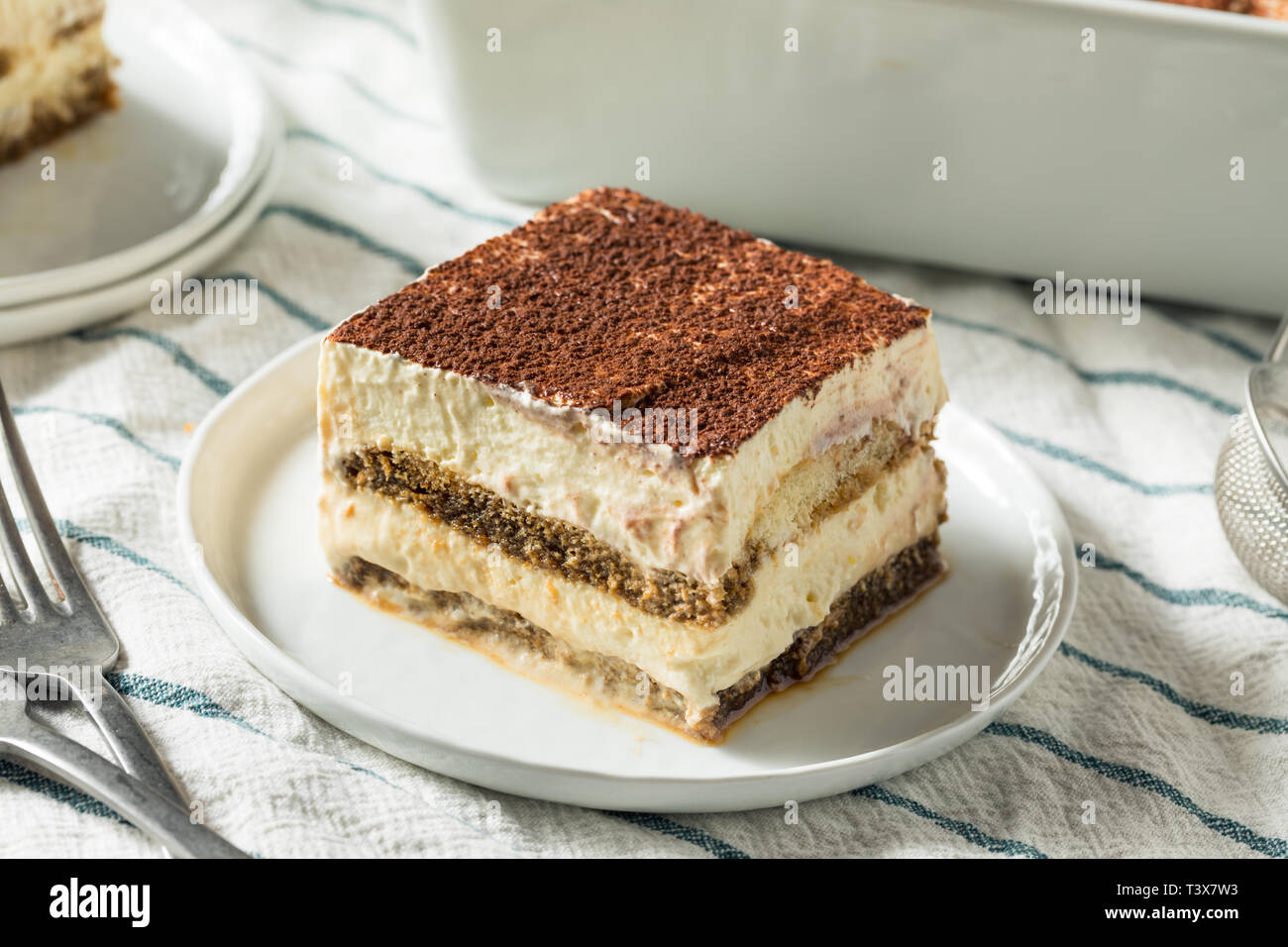 Dolce casalingo italiano dessert Tiramisu con polvere di cacao Foto Stock