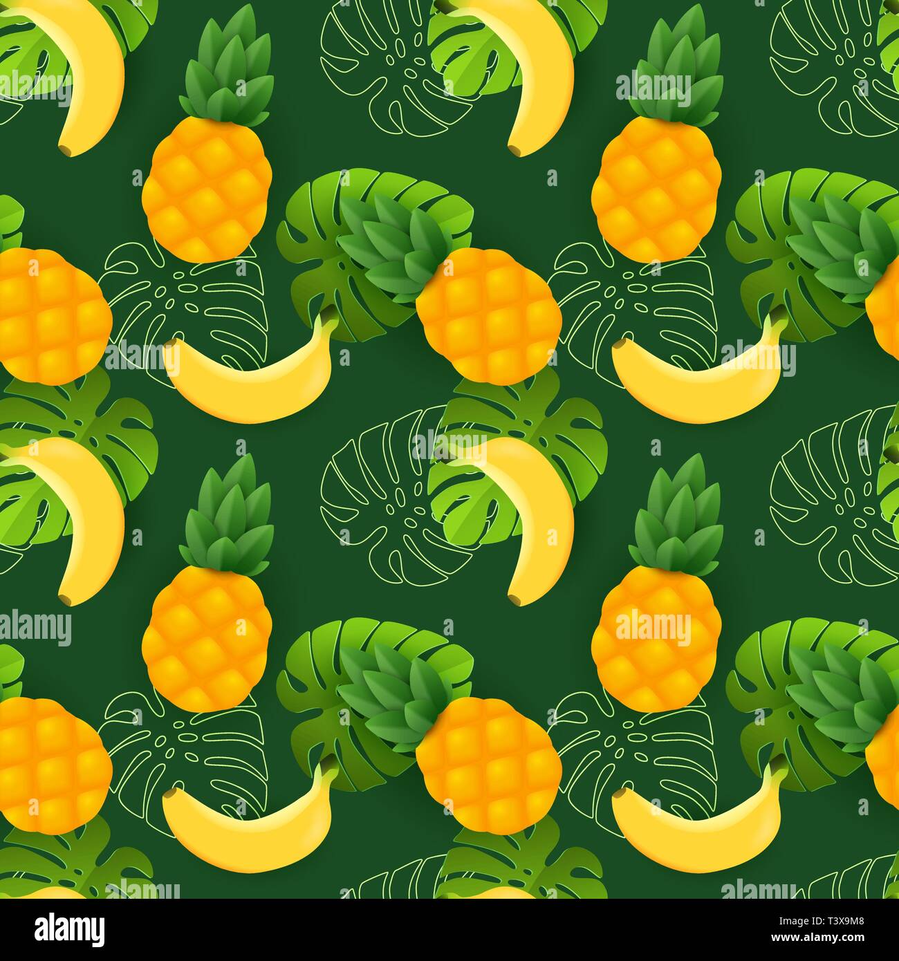 Bella vettore seamless floral pattern estivo con banane, ananas e foglie tropicali Illustrazione Vettoriale