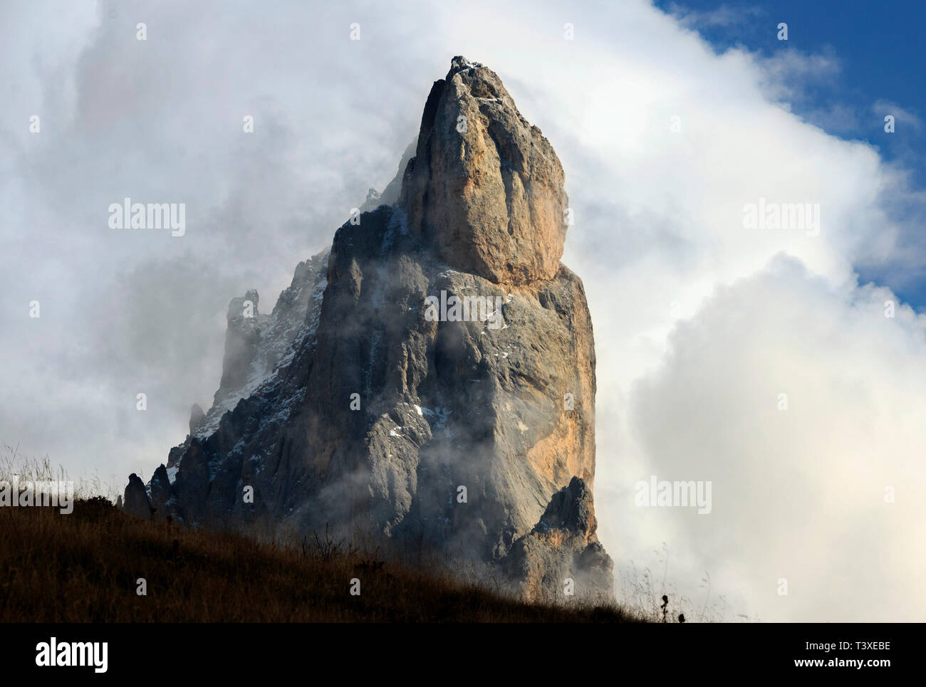 Il Cimon (letteralmente, grande vertice) della pala è la più famosa di picco il gruppo delle Pale di San Martino nelle Dolomiti, Italia. Per la sua particolare shap Foto Stock