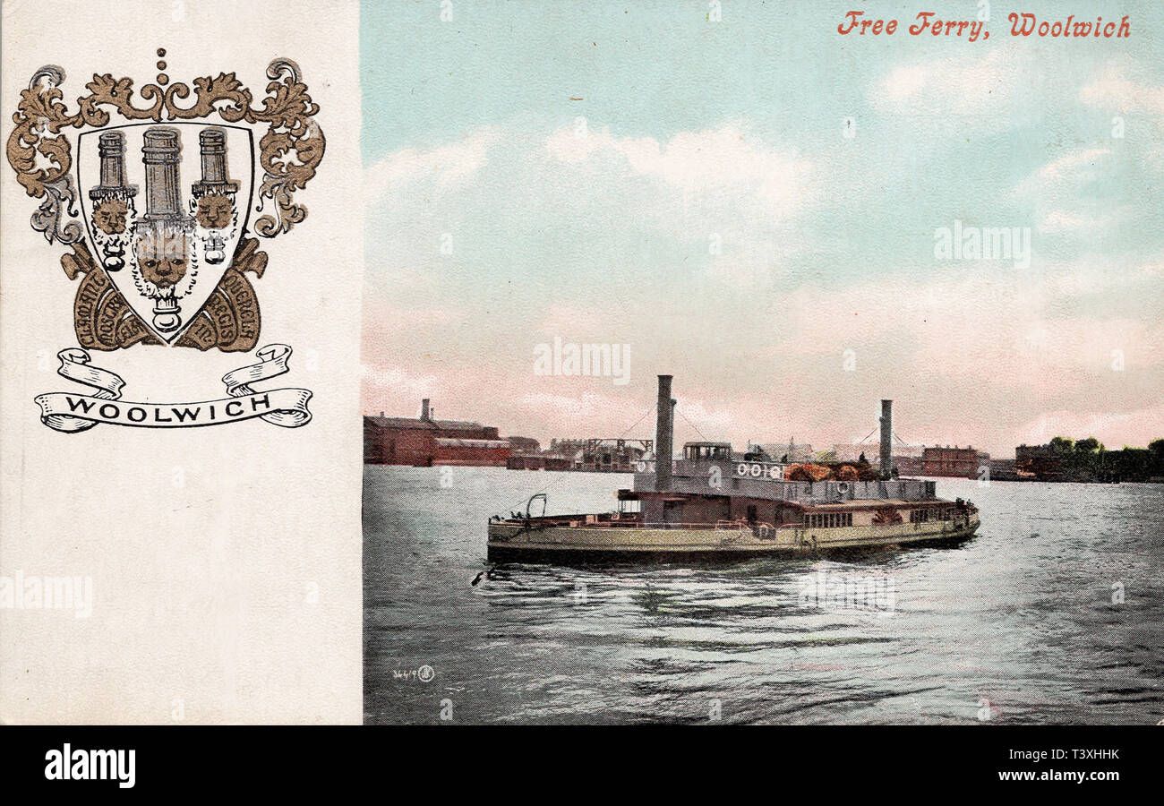 Traghetto gratuito, Woolwich Inghilterra, il fiume Tamigi e vecchia cartolina. Foto Stock
