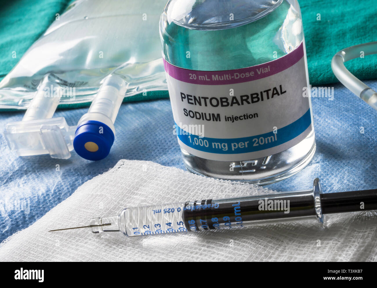 Flaconcino con pentobarbital utilizzato per eutanasia e Inyecion letali in un ospedale Foto Stock