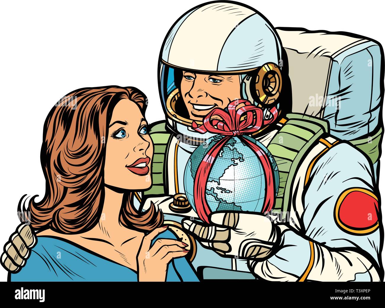 Matura in amore. Astronauta dà una donna sulla terra. isolare su sfondo bianco Pop art retrò illustrazione vettoriale disegno kitsch vintage Illustrazione Vettoriale