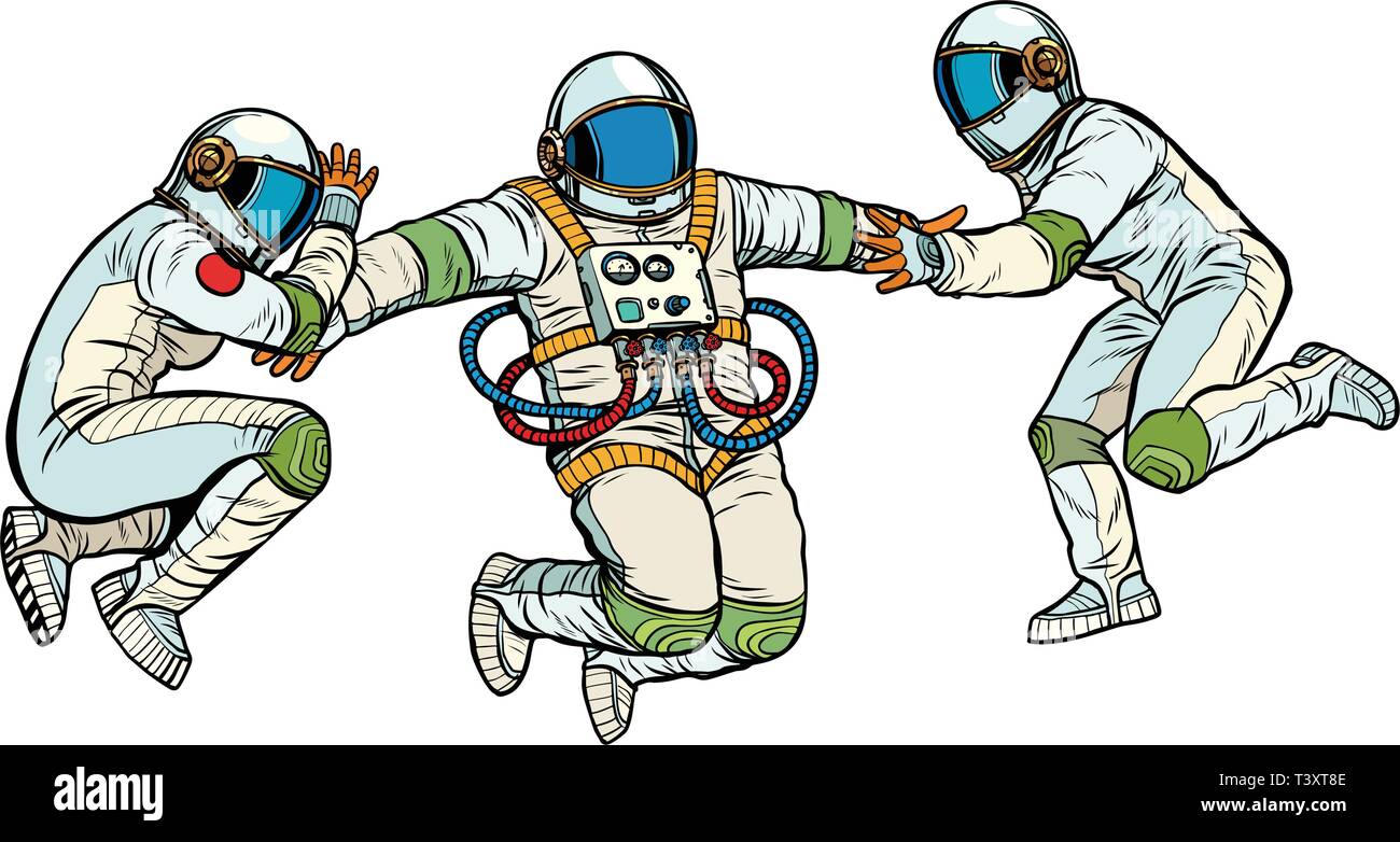 Tre astronauti nello spazio in assenza di gravità. isolare su sfondo bianco. La Pop art retrò illustrazione vettoriale kitsch vintage Illustrazione Vettoriale