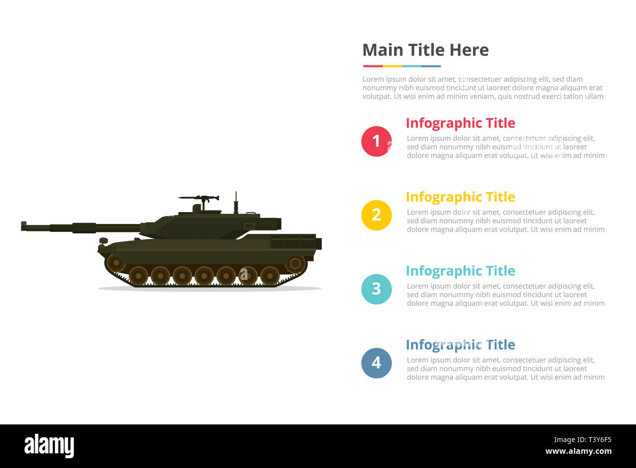 Serbatoio principale battaglia infographics modello con 4 punti di spazio libero descrizione testo - illustrazione vettoriale Foto Stock