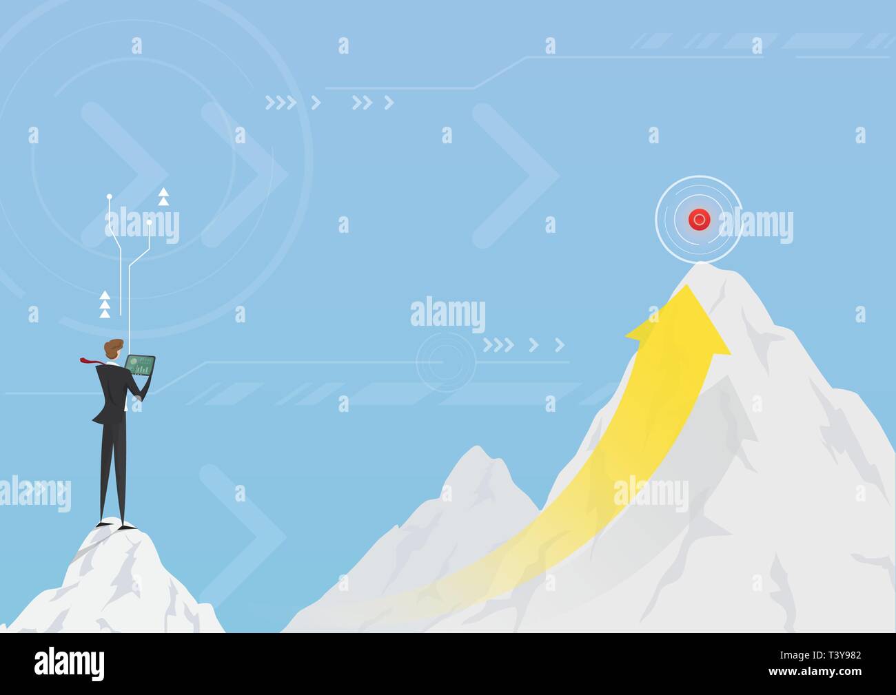 Imprenditore uso di alta tecnologia per piano per la scalata alla vetta della montagna. Illustrazione Vettoriale per business missione viaggio verso il successo e la crescita, obiettivo Illustrazione Vettoriale