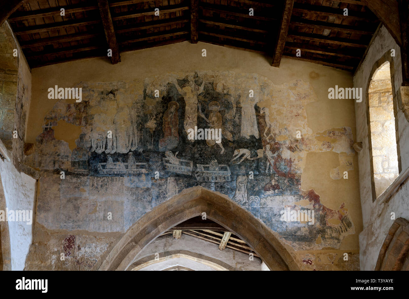 Pittura murale medioevale all'interno di San Giovanni Battista, Hornton, Oxfordshire, England, Regno Unito Foto Stock