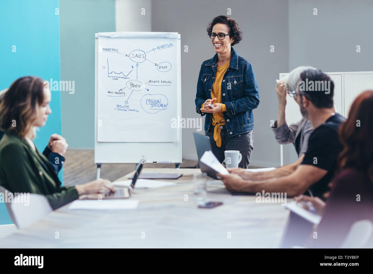 Il team commerciale sta discutendo un nuovo progetto nella sala conferenze. uomo d'affari e donna si incontrano in sala riunioni per esplorare nuove strategie aziendali Foto Stock