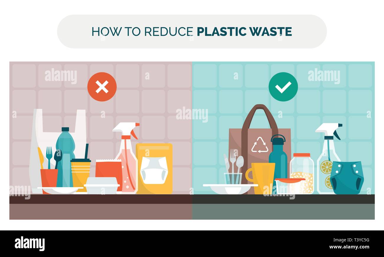 Come ridurre i rifiuti in plastica a casa scegliendo gli elementi riutilizzabili invece di prodotti monouso, oggetti confronto, rifiuti zero e il concetto di sostenibilità Illustrazione Vettoriale