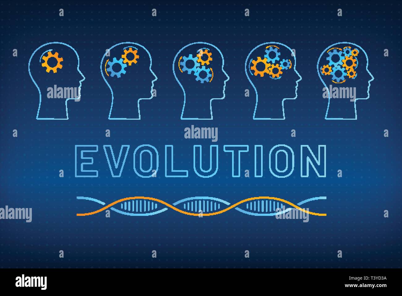 Silhouette di testa con ingranaggio brain evolution concetto illustrazione vettoriale. Profilo di fronte all'evolversi di meccanismo di ingranaggio del cervello, blu, arancione molecola di DNA Helix e segno di grande evoluzione sul background tecnico Illustrazione Vettoriale