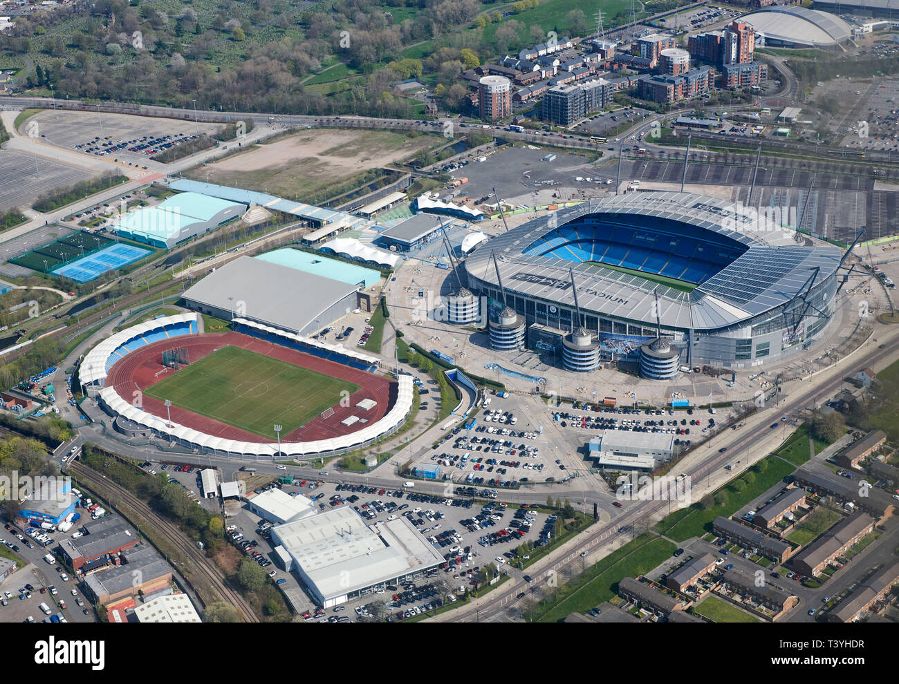 Una veduta aerea di Manchester City Etihad Stadium Complex, North West England, Regno Unito Foto Stock