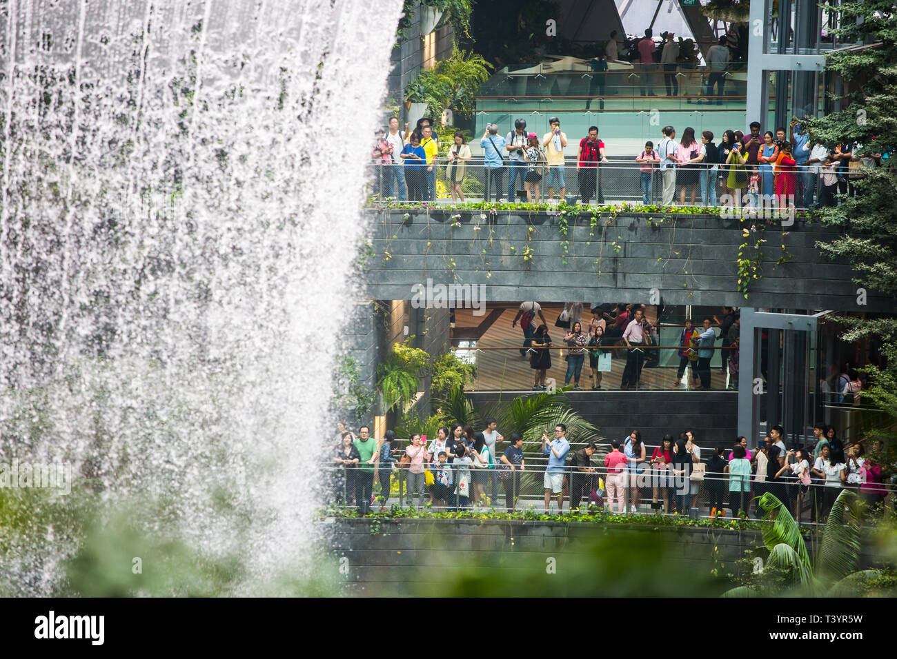 Una scena affollata di visitatori che guardano l'acqua che scende dall'oculus al Rain Vortex, all'aeroporto Jewel Changi di Singapore Foto Stock