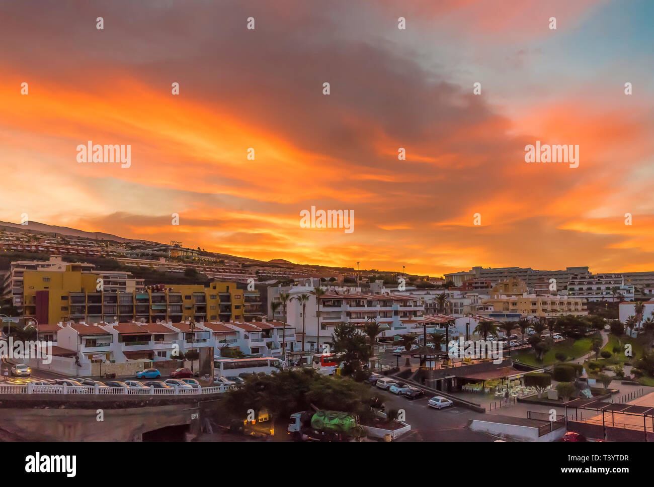 Sunrise in Puerto de Santiago città, Tenerife, Isole canarie, Spagna Foto Stock