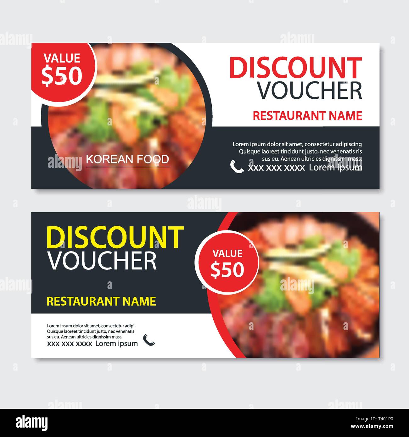 Sconto gift voucher asian food design modello. Coreano e giapponese. Utilizzare il coupon, banner, flyer, vendita, promozione. Illustrazione Vettoriale