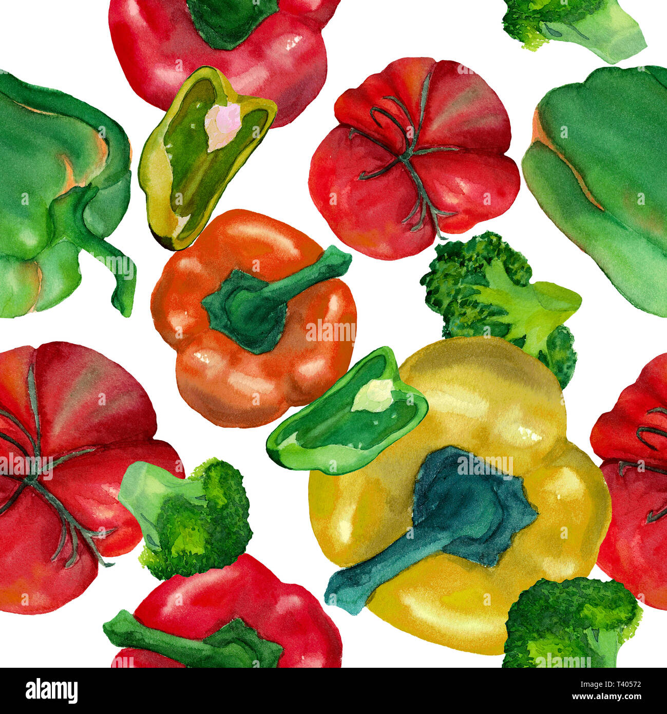 Acquerello seamless pattern con broccoli, pomodori e peperoni giallo, verde e arancione isolati su sfondo bianco. Design per i tessili, m Foto Stock