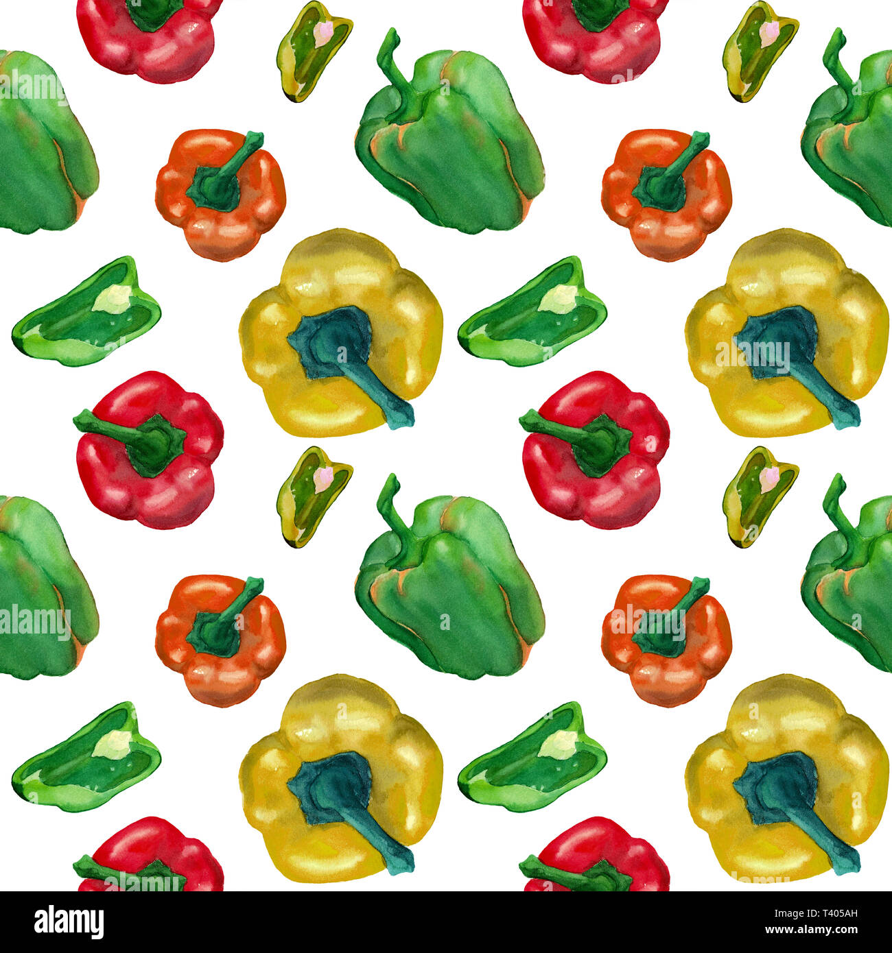 Acquerello seamless pattern con broccoli, pomodori e peperoni giallo, verde e arancione isolati su sfondo bianco. Design per i tessili, m Foto Stock