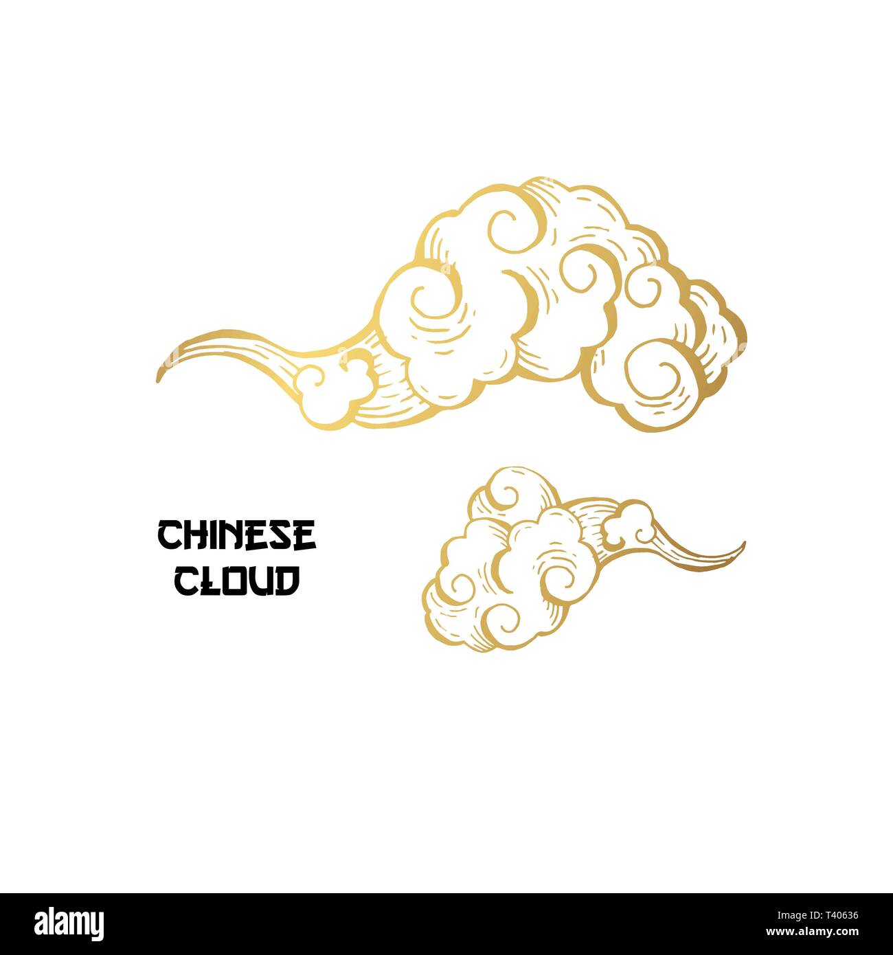 Golden nuvole cinese disegnati a mano illustrazione vettoriale. Overcloud contorno. Il fumo bianco e oro clipart astratta. Arte cinese di disegno con incisione. Vento che soffia. Cartolina isolato elemento di design Illustrazione Vettoriale