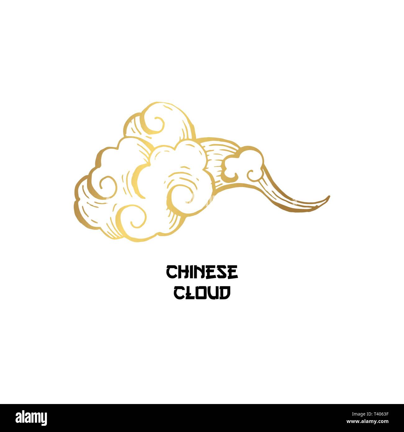 Golden nuvole cinese disegnati a mano illustrazione vettoriale. Overcloud contorno. Il fumo bianco e oro clipart astratta. Arte cinese di disegno con incisione. Vento che soffia. Cartolina isolato elemento di design Illustrazione Vettoriale