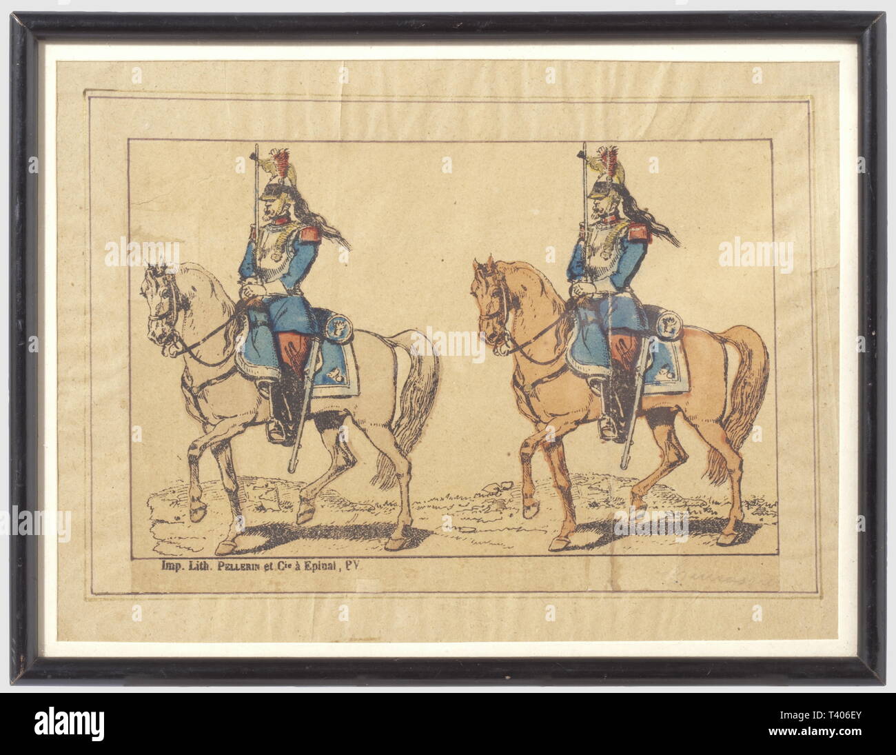 SECONDE REPUBLIQUE ET secondo impero 1848-1870, immagine d'Epinal, représentant deux cuirassiers, de la cavalerie de ligne, période du Secondo Impero francais. Immagine traitée en couleur, présentant deux cavaliers à la suite en grande tenue et sabre au clair. Sujet marqué en bas à gauche 'Imp. Lith. Pellerin et Cie à Epinal, P.V.". Etat moyen, fortes traces de mouillures, présenté sous verre dans un cadre en bois noirci et verni, étiquette en allemand au revers marquée 'VERS 1850'. Hauteur 19,1 cm, largeur 25 cm, Additional-Rights-Clearance-Info-Not-Available Foto Stock