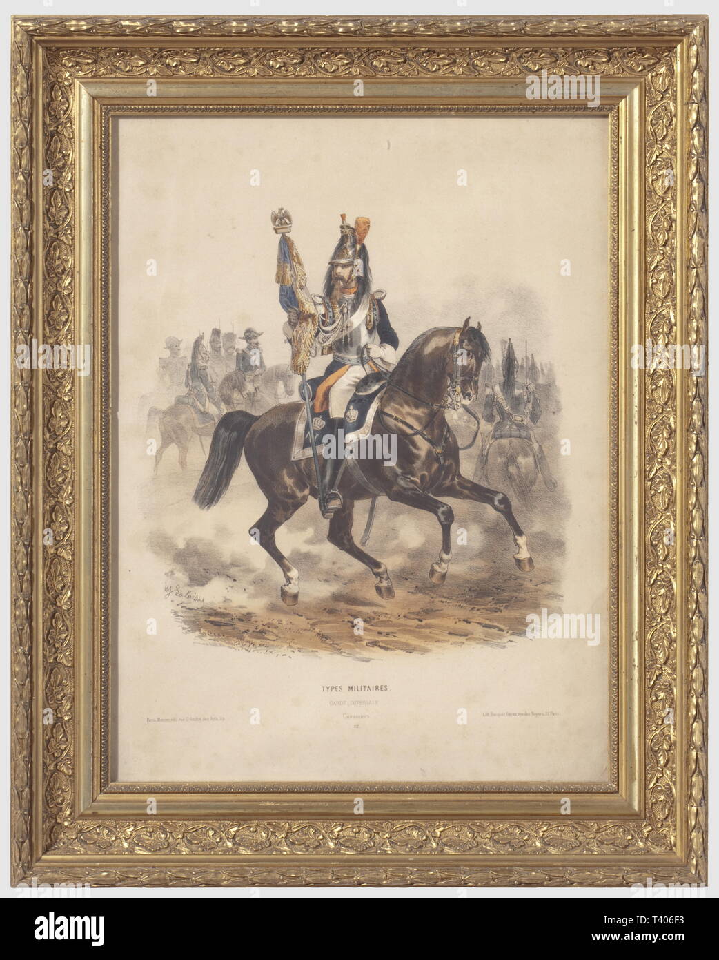 SECONDE REPUBLIQUE ET secondo impero 1848-1870, Lithographie en couleur d'Hippolyte Lalaisse, représentant onu porte-étendard des cuirassiers de la Garde Impériale, période du Secondo Impero francais. Sujet traité en couleur, n. 12 de la série des tipi militaires, titrée "Garde Impériale, Cuirassiers', travail de l'éditeur Morier, rue St André des Arts à Paris. Ensemble en bon état, quelques traces de rousseurs, présenté sous verre dans un cadre attuale en bois doré et mouluré. Hauteur 57 cm, largeur 46 cm, Additional-Rights-Clearance-Info-Not-Available Foto Stock