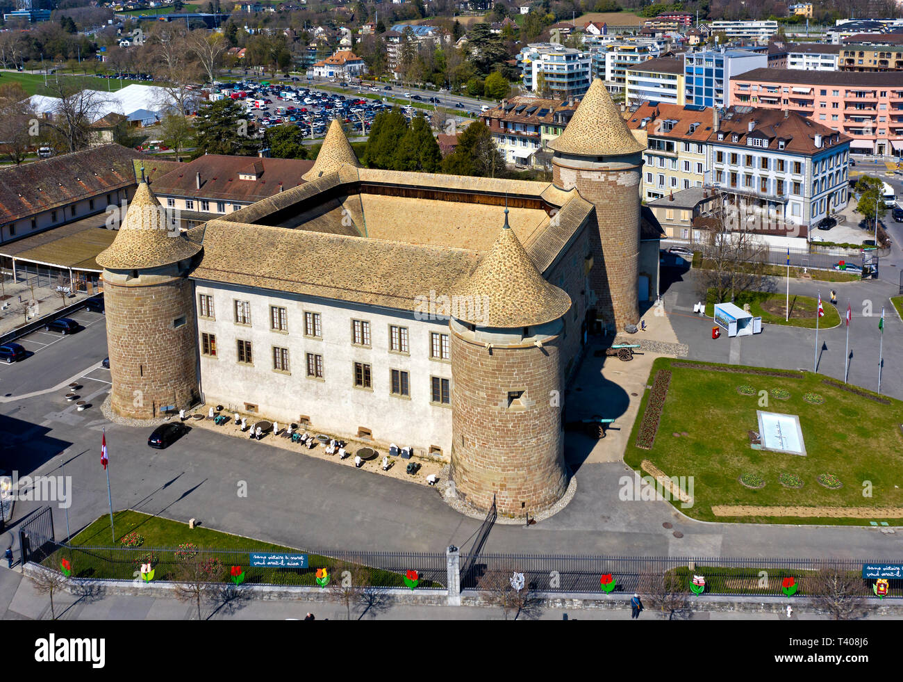 Il castello di Morges, antenna shot, Morges, Vaud, Svizzera Foto Stock
