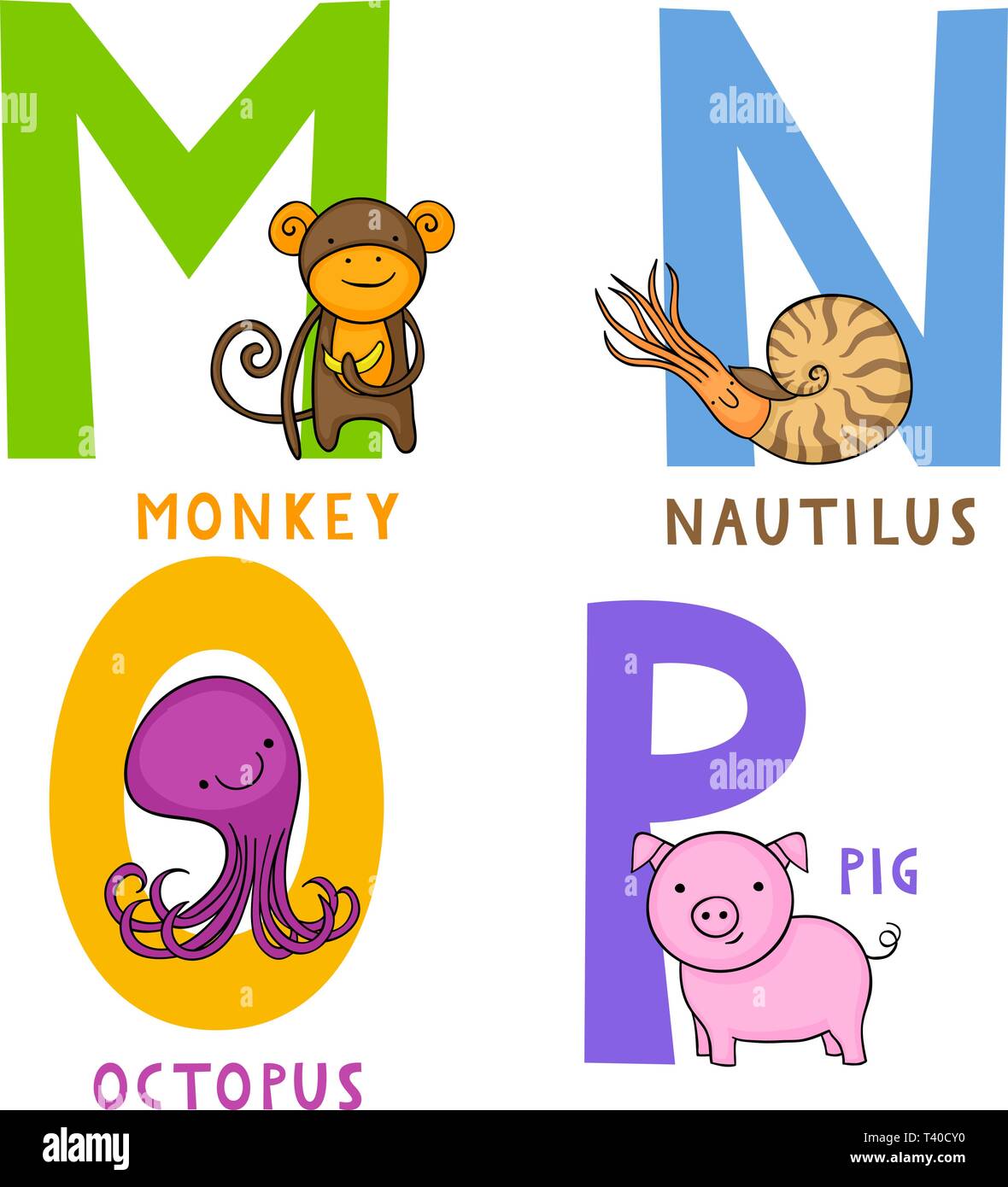 Inglese alfabeto animale M, N, O e P lettere con Cartoon carino scimmia, nautilus, polpi e suino Illustrazione Vettoriale