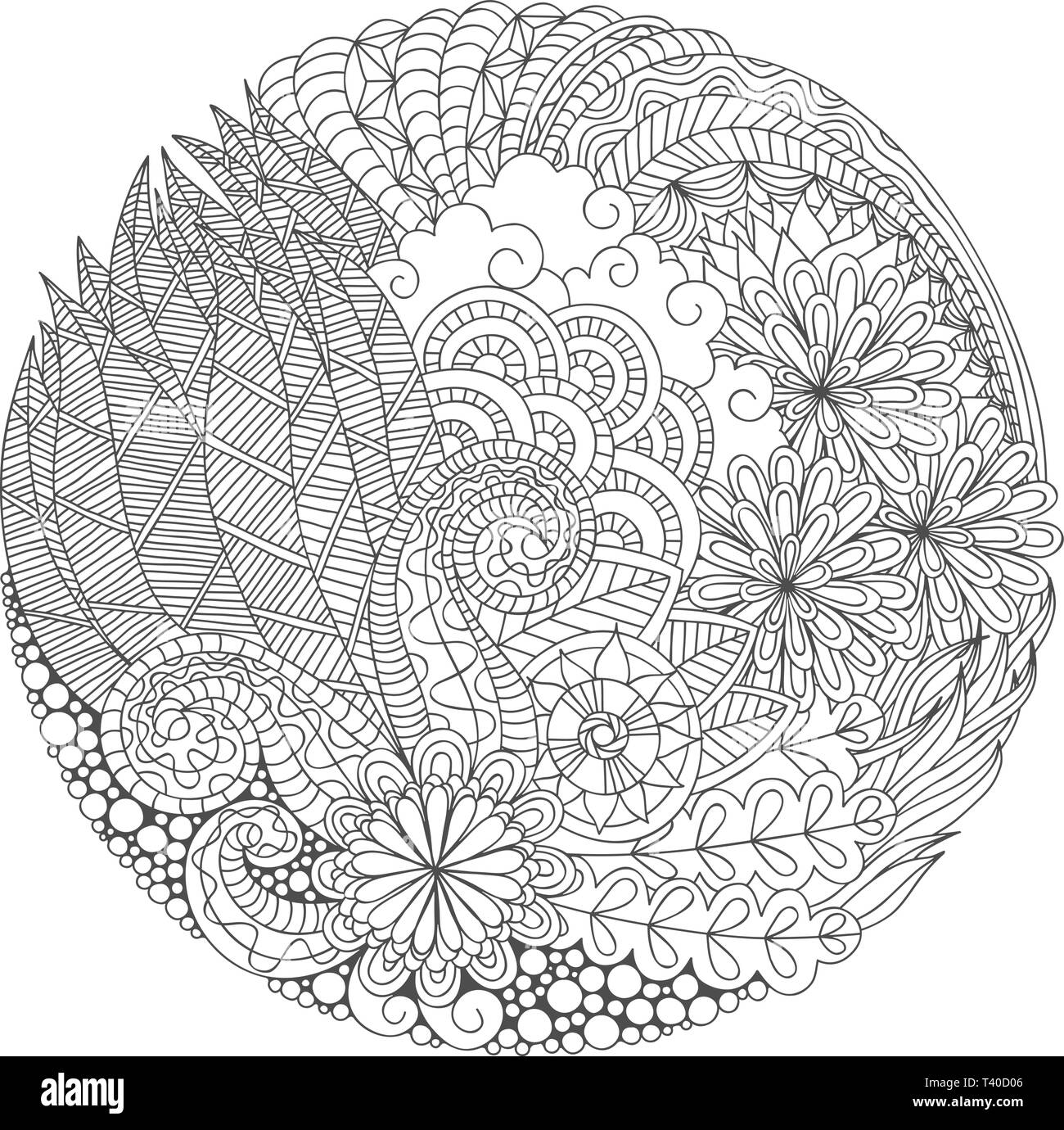 Pagina di colorazione con disegnati a mano round dettagliate composizione floreale per adulti anti stress meditazione. Illustrazione Vettoriale