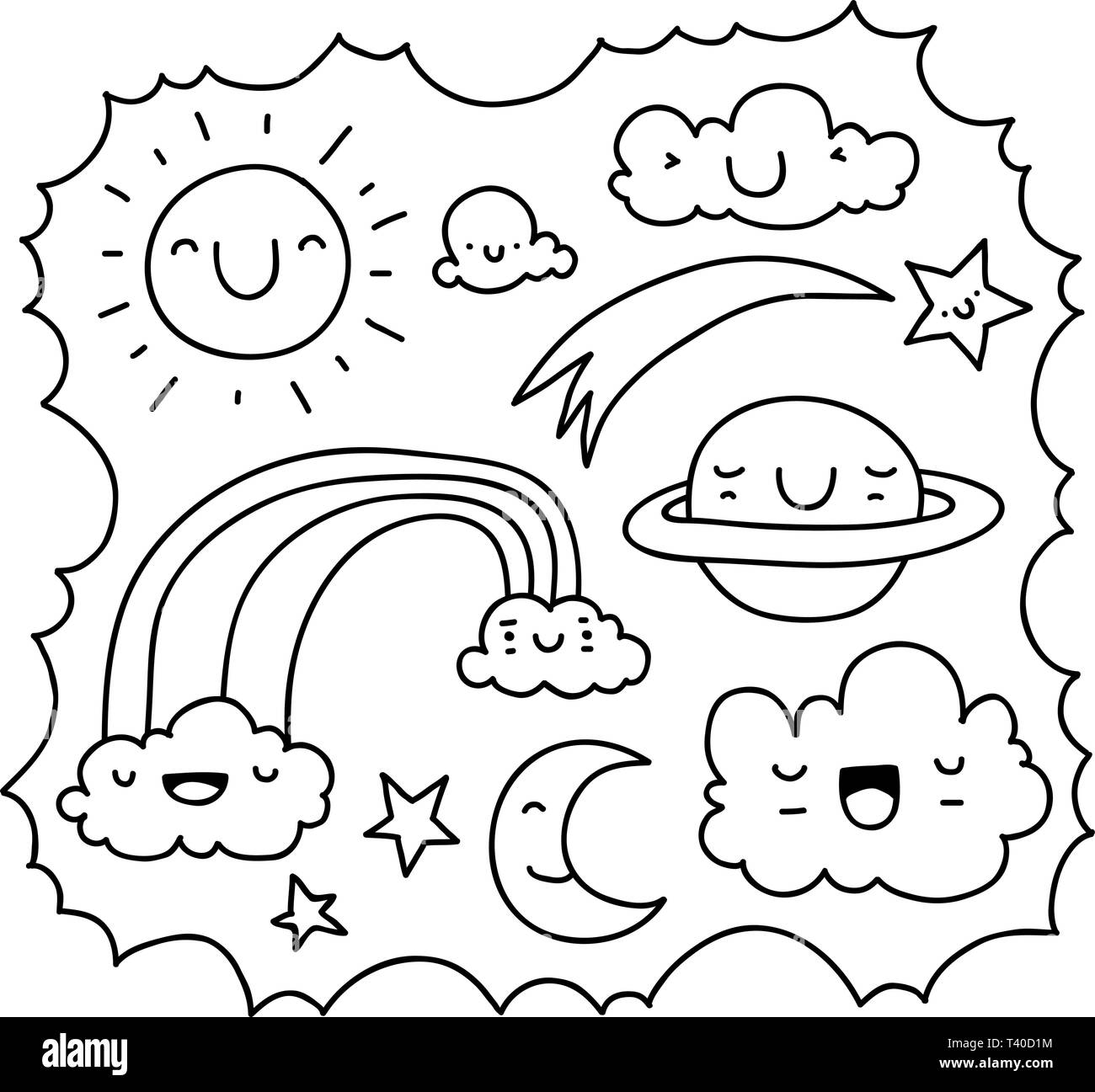 Carino scarabocchio di una nuvola telaio con elementi del cielo. Essi hanno tutti volti sorridenti. Illustrazione Vettoriale